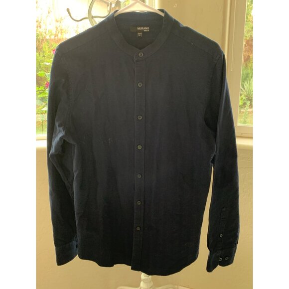 Murano Mens Navy Band Collar Slim Fit Shirt M Cotton Texture LS Button 8886 - Picture 8 of 8
